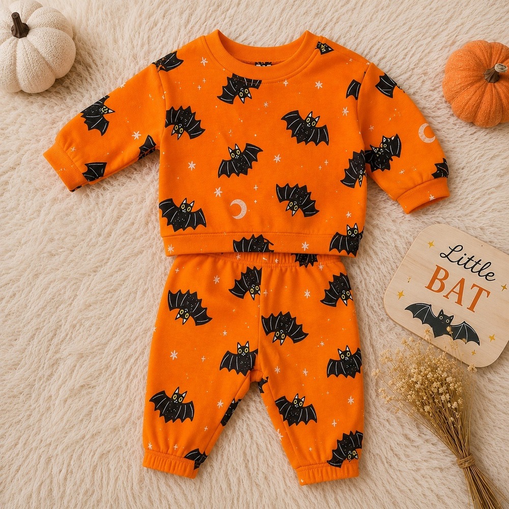 Old Navy Baby NWT 3-6M Halloween Bat Sweatshirt 2 Pc Set‎ Orange French Terry